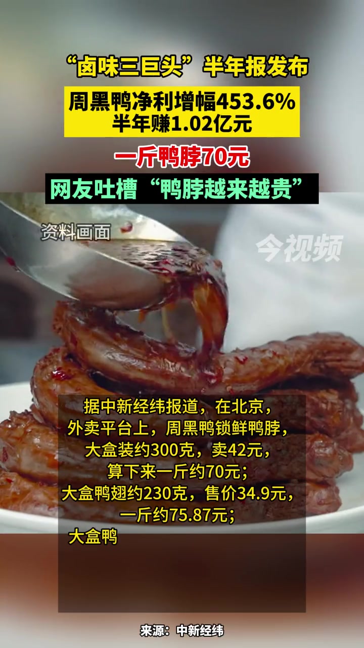 “卤味三巨头”半年报发布,周黑鸭净利增幅453.6% 半年赚1.02亿元,一斤鸭脖70元 