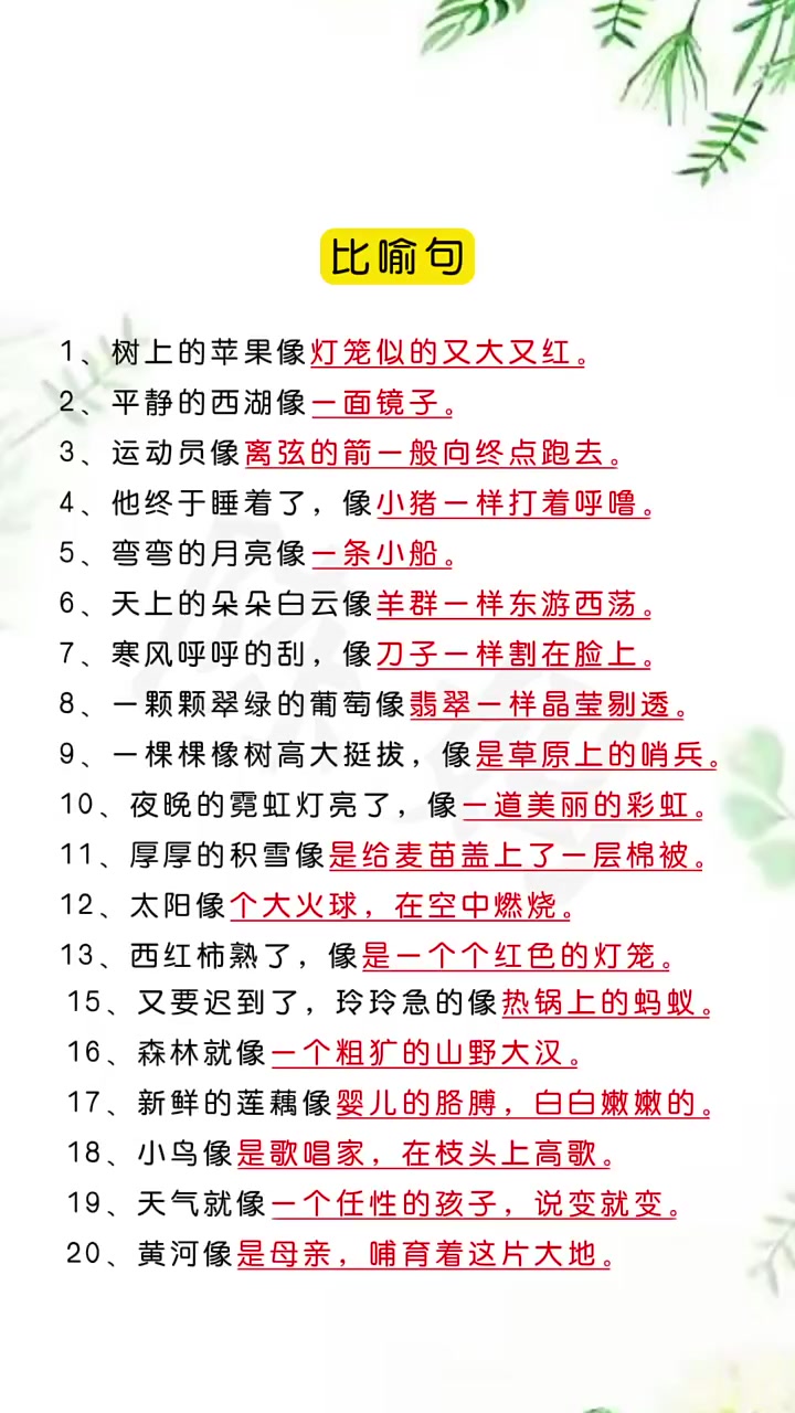 二年级句式专项训练,比喻句,树上的苹果像灯笼似的又大又红