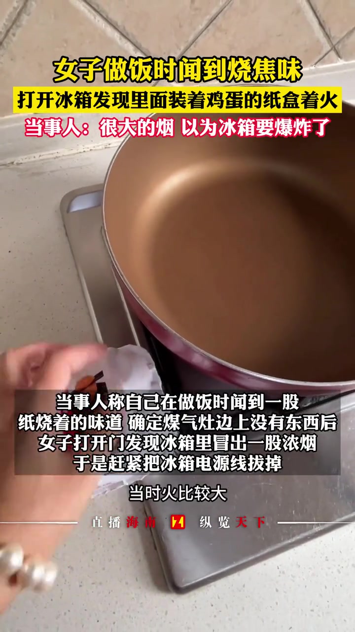 女子做饭时闻到烧焦味,打开冰箱发现里面装着鸡蛋的纸盒着火,当事人:很大的烟 以为冰箱要爆炸