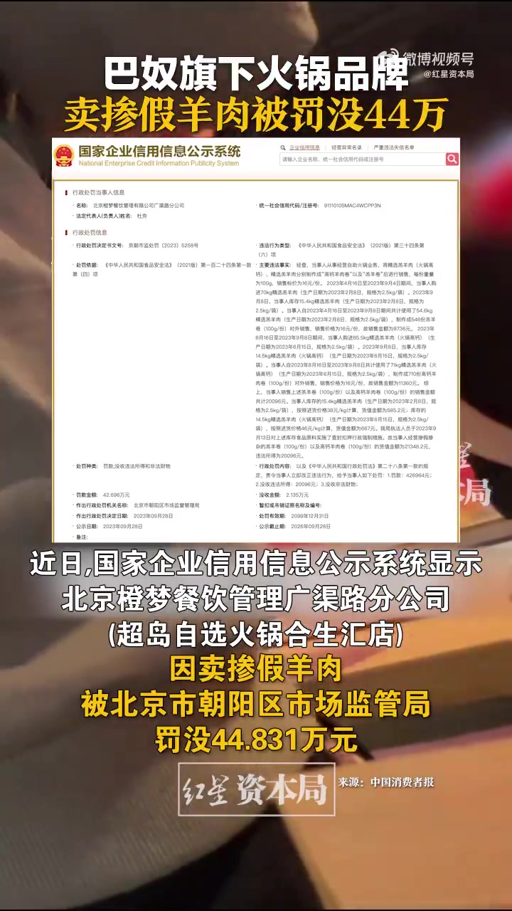 「巴奴旗下火锅品牌卖掺假羊肉被罚没44万」超岛火锅卖掺假羊肉被罚没44万 “超岛自选火锅”