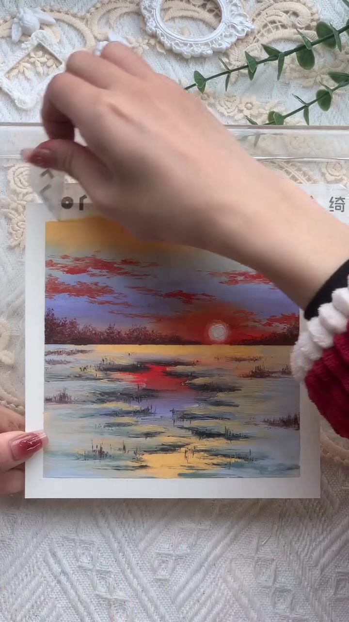 油画棒画夕阳雪景