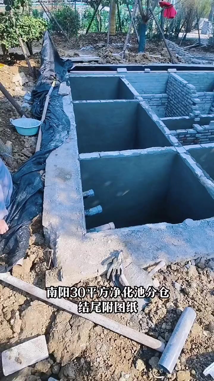 南阳110平方锦鲤鱼池,30平方的净化池正在分仓,视频结尾附上图纸。庭院鱼池 锦鲤鱼池 鱼