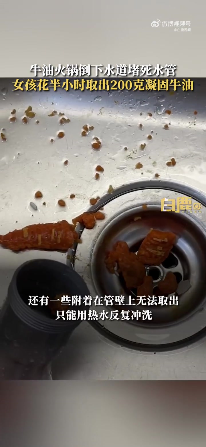 「女子 将火锅倒下水道牛油凝固堵死水管:花半小时疏通取出200克牛油」吃剩的火锅汤底你怎么