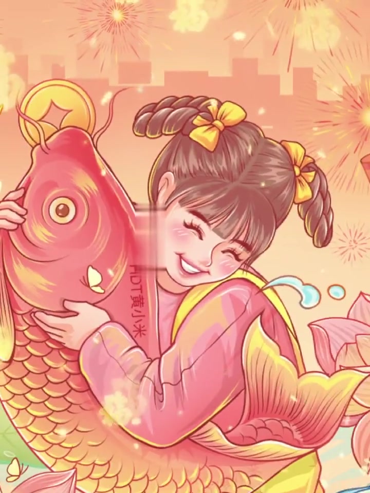 抱鱼的女孩像极了年画娃娃,这也太可爱了吧