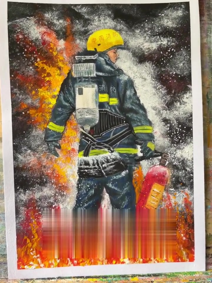 消防卡通画儿童画水粉画海报手抄报火焰蓝