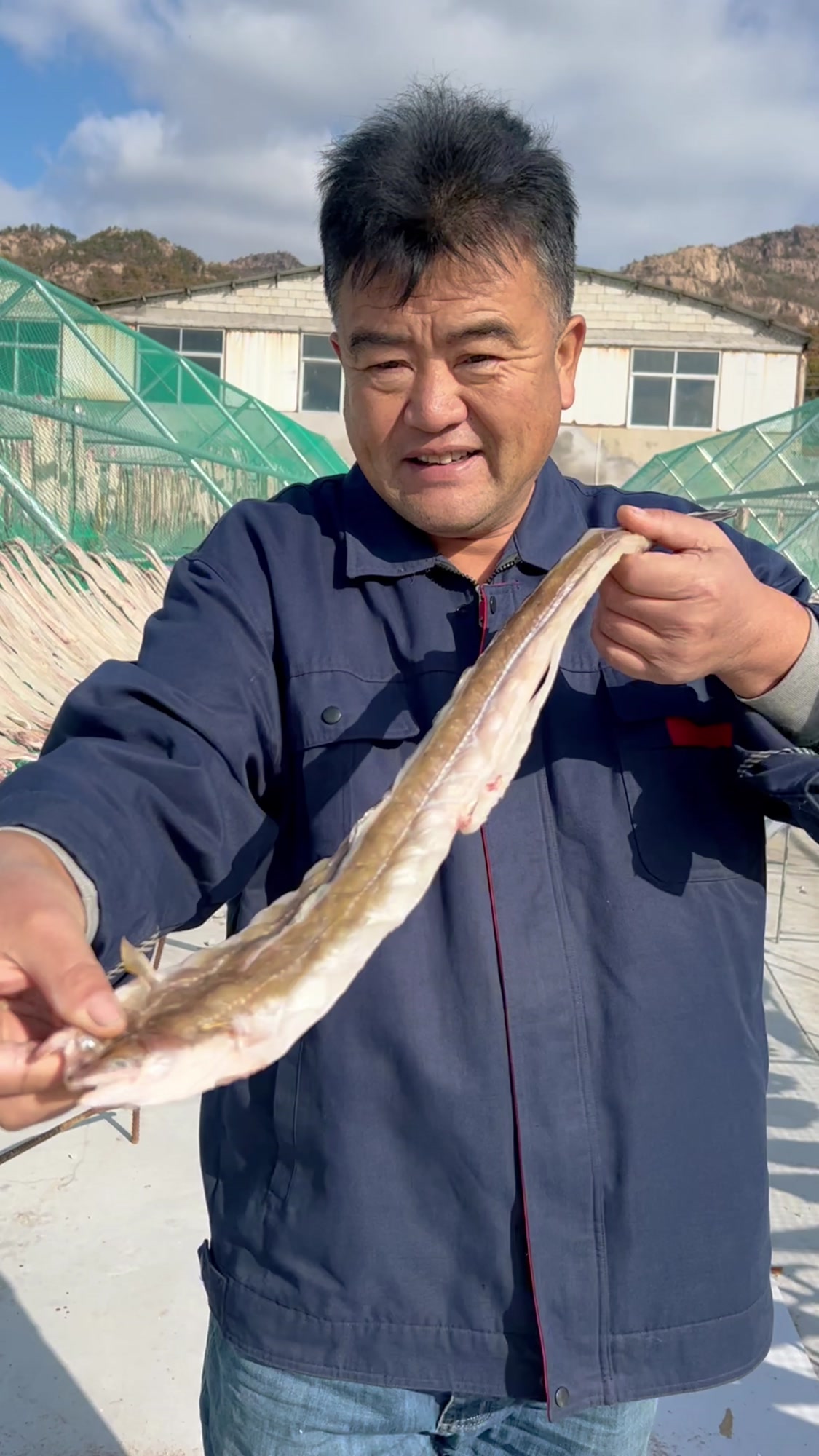 渔民老海给大家介绍新鲜晾晒的油鳝鱼干,营养丰富,鲜香美味
