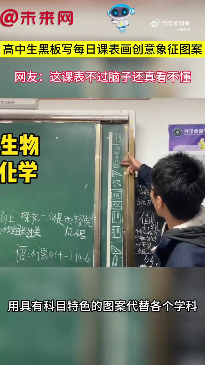 「高中生黑板写每日课表画创意象征图案」近日,湖北武汉。一中学高一学生画出创意课表,用具有科