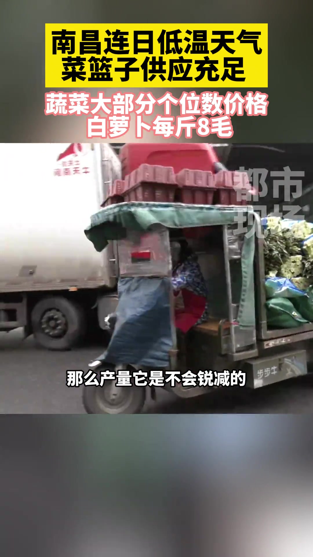 南昌连日低温天气,菜篮子供应充足。蔬菜大部分个位数价格,白萝卜每斤8毛