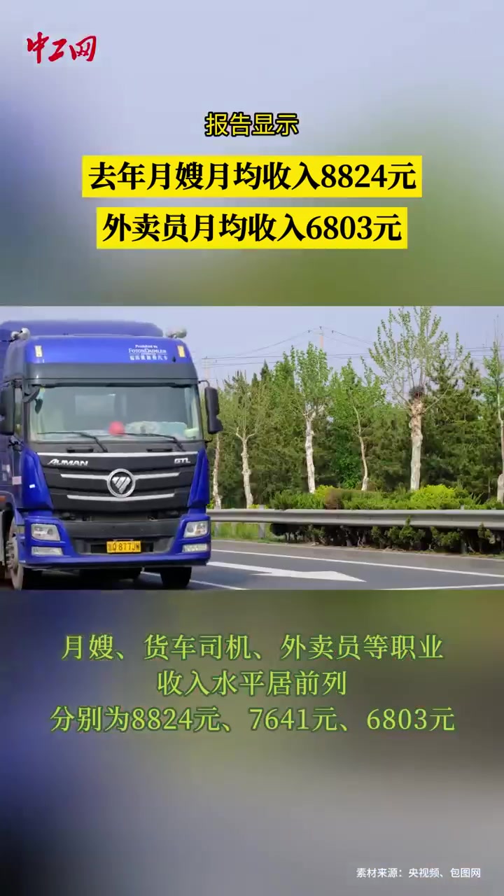 「报告显示:去年月嫂月均收入8824元 去年外卖员月均收入6803元」1月23日,中国新就