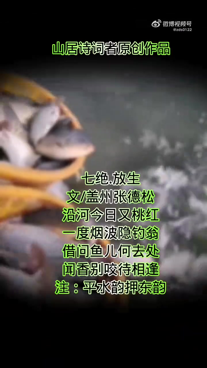 七绝.放生 文/盖州张德松 沿河今日又桃红 一度烟波隐钓翁 借问鱼儿何去处 闻香别咬待相逢