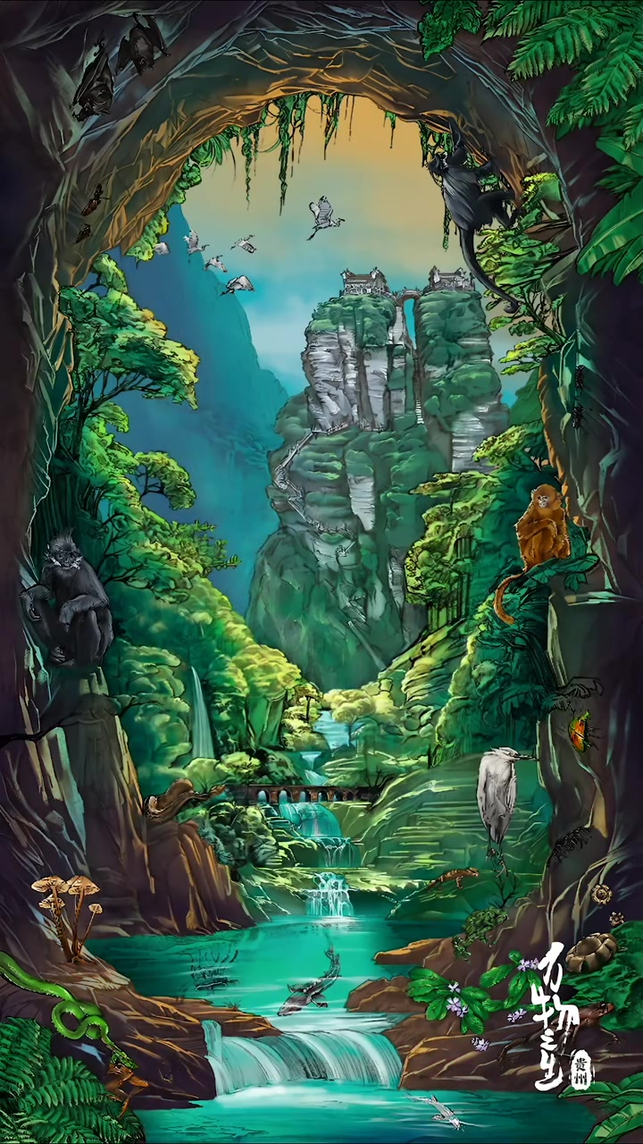 手绘版的贵州动物好可爱 万物之生贵州篇主海报手绘过程来啦,你知道里面都有哪些物种吗?万物之