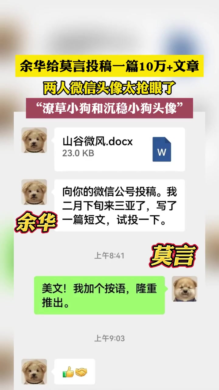 余华给莫言投稿一篇10万+文章!两人微信头像太抢眼了 “潦草小狗和沉稳小狗头像” 莫言 余