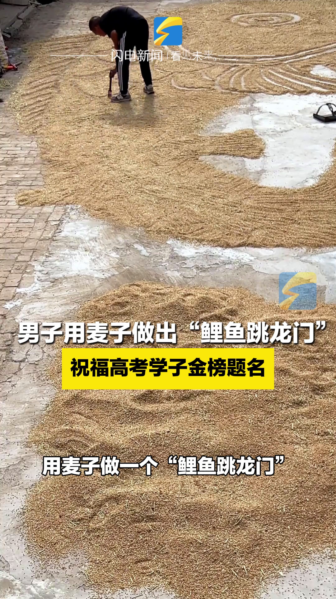 男子用麦子做出“鲤鱼跳龙门” 祝福高考学子金榜题名