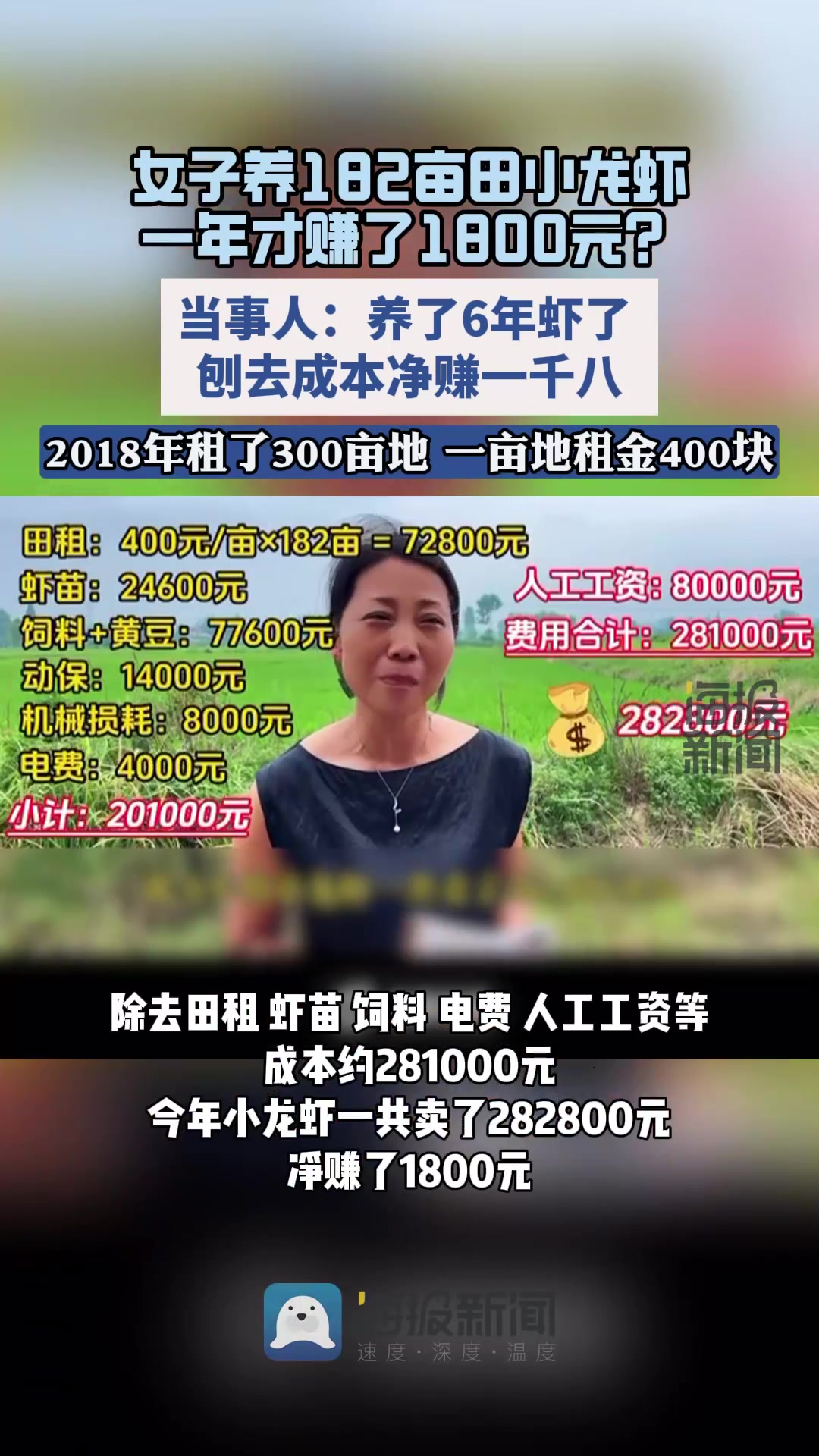 女子养182亩小龙虾一年赚了1800元?当事人:今年产量太低了