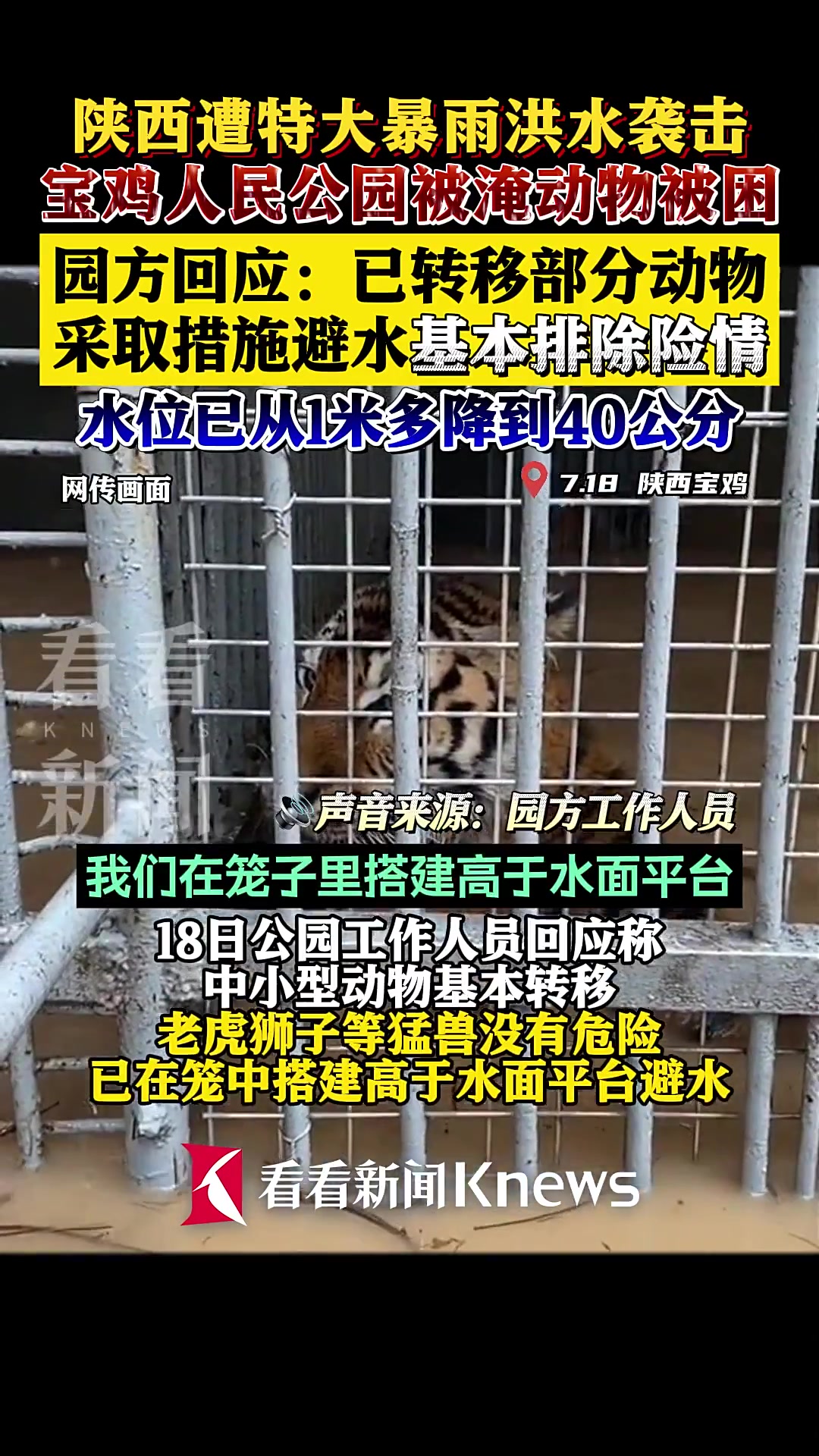 宝鸡人民公园被淹动物被困 园方:基本排除险情