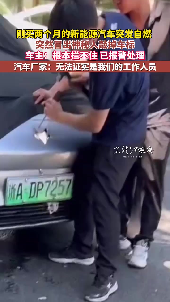 刚买两个月的新能源汽车突发自燃 突然冒出神秘人敲掉车标 车主:根本拦不住 已报警处理 汽车