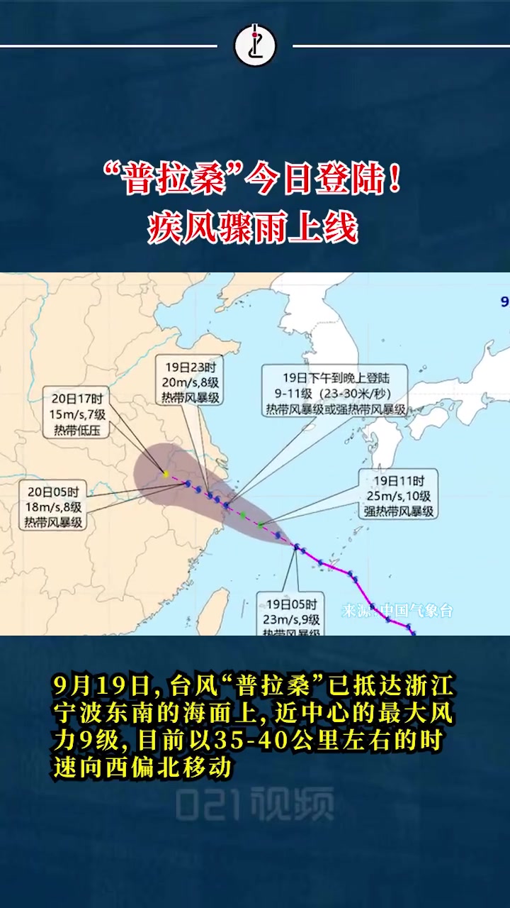 「路径改变!台风普拉桑登陆点更靠近上海」9月19日6时,中央气象台继续发布台风黄色预警,今
