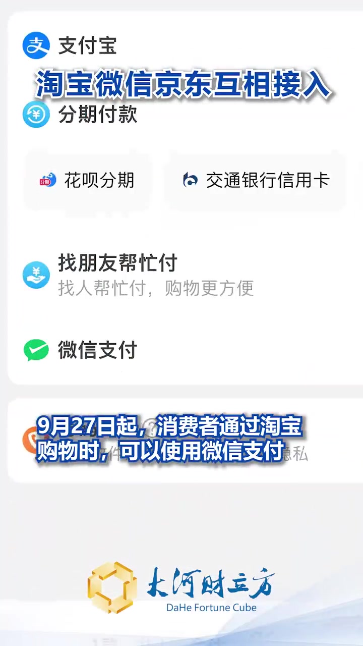 9月27日起,消费者通过淘宝购物时,可以使用微信支付。微信支付方面表示,后续在淘宝使用微信