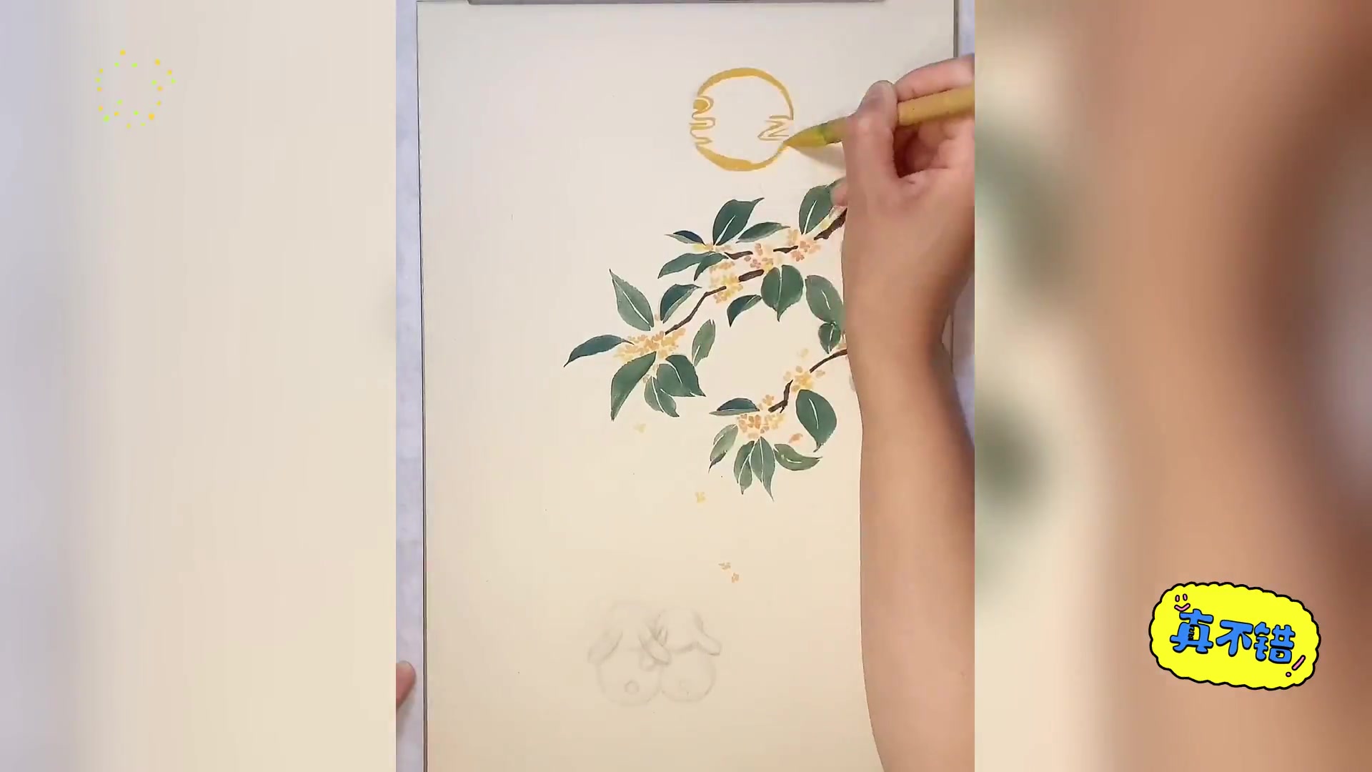 中秋国画: 花好月圆,桂花与兔绘秋韵