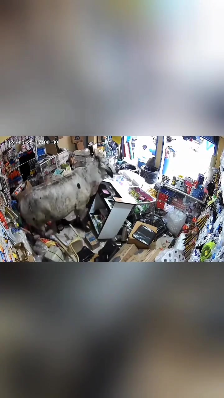 两头老牛闯劲超市,货架子都干碎了!