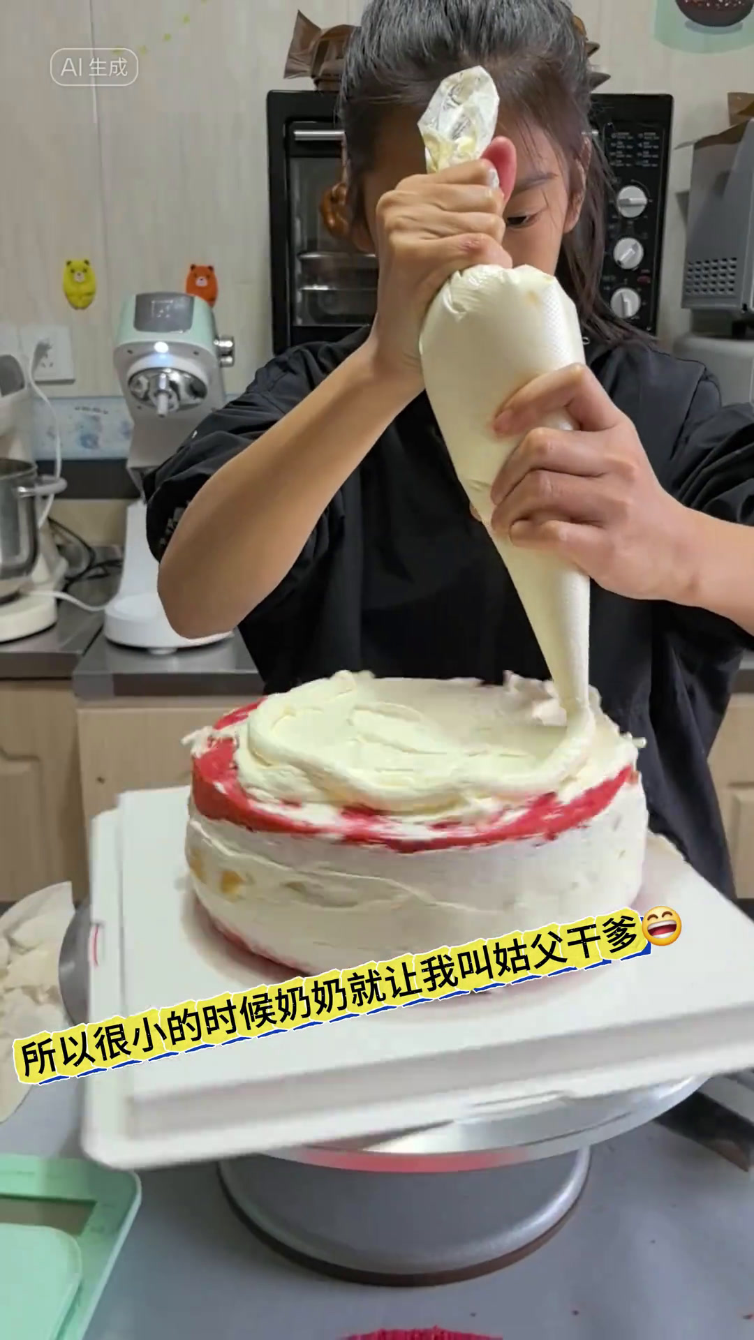 女儿今天做了一个八寸的红丝绒的蛋糕,为了庆祝她干爹的新店开业。蛋糕虽然做的颜值一般般,但干