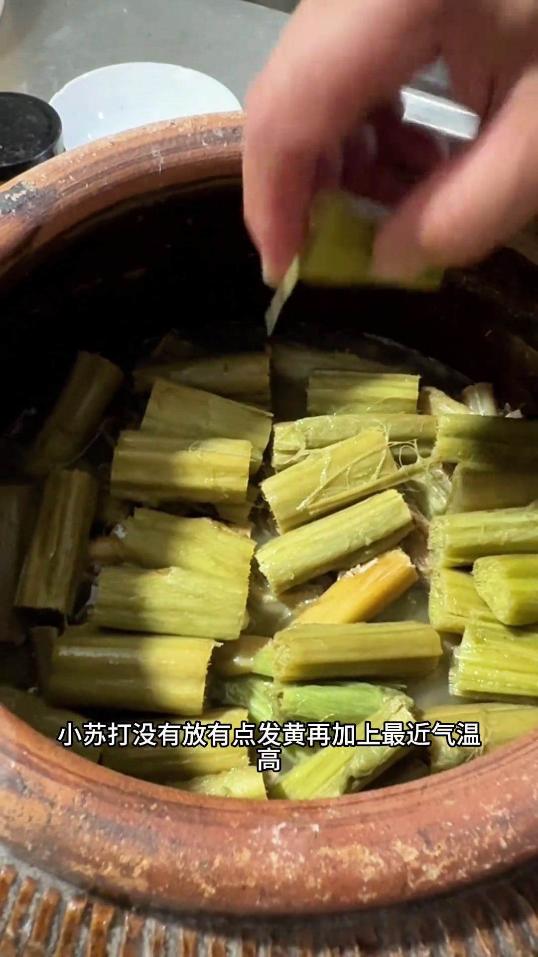 腌了几天的苋菜杆今天看看能吃了没有,打开盖子,香味扑鼻。上锅蒸一碗,味道好极了!入口肥美,