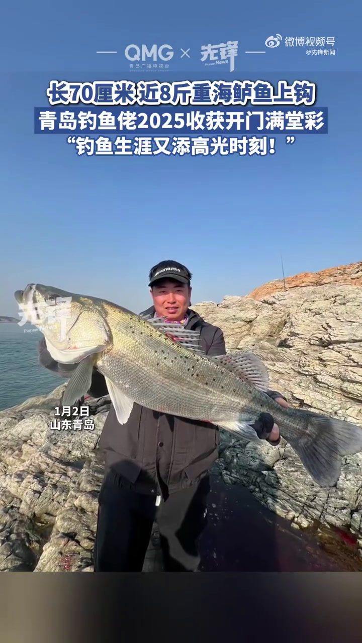 「70cm鱼王上钩青岛钓鱼佬抢开年彩」1月2日,山东青岛,男子在青岛岸边海钓,收获长70厘