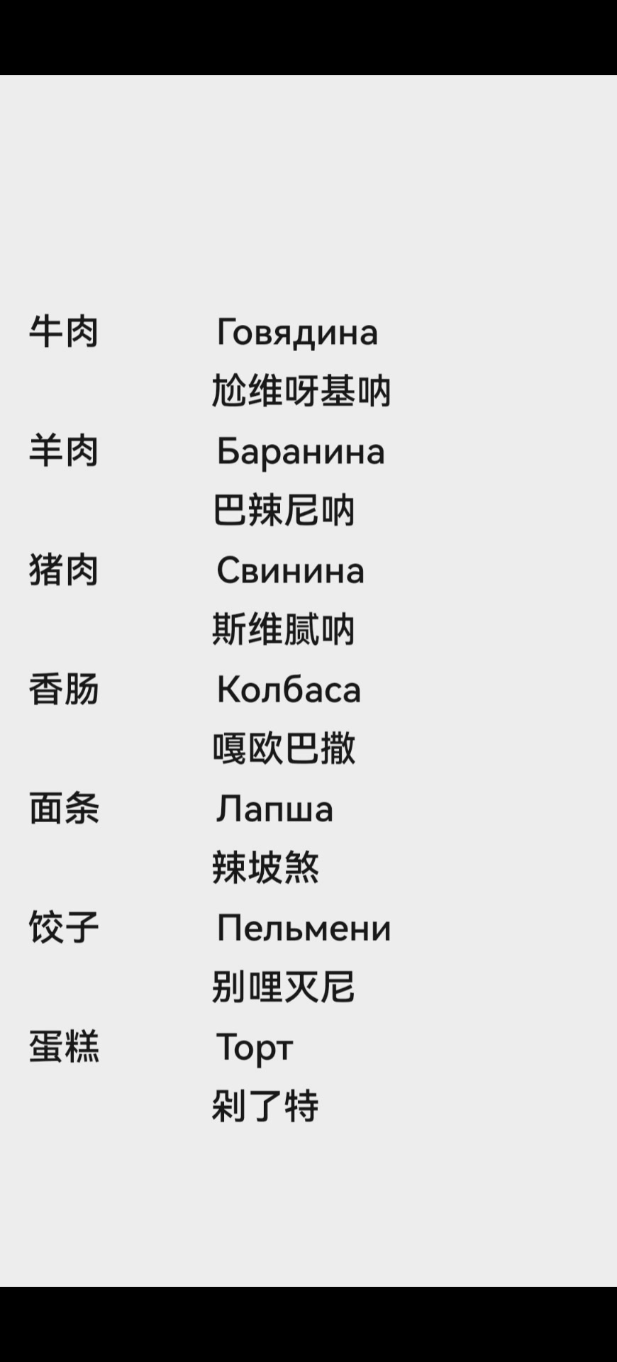 牛肉 羊肉 猪肉 香肠 面条 饺子蛋糕 用俄语怎么说?