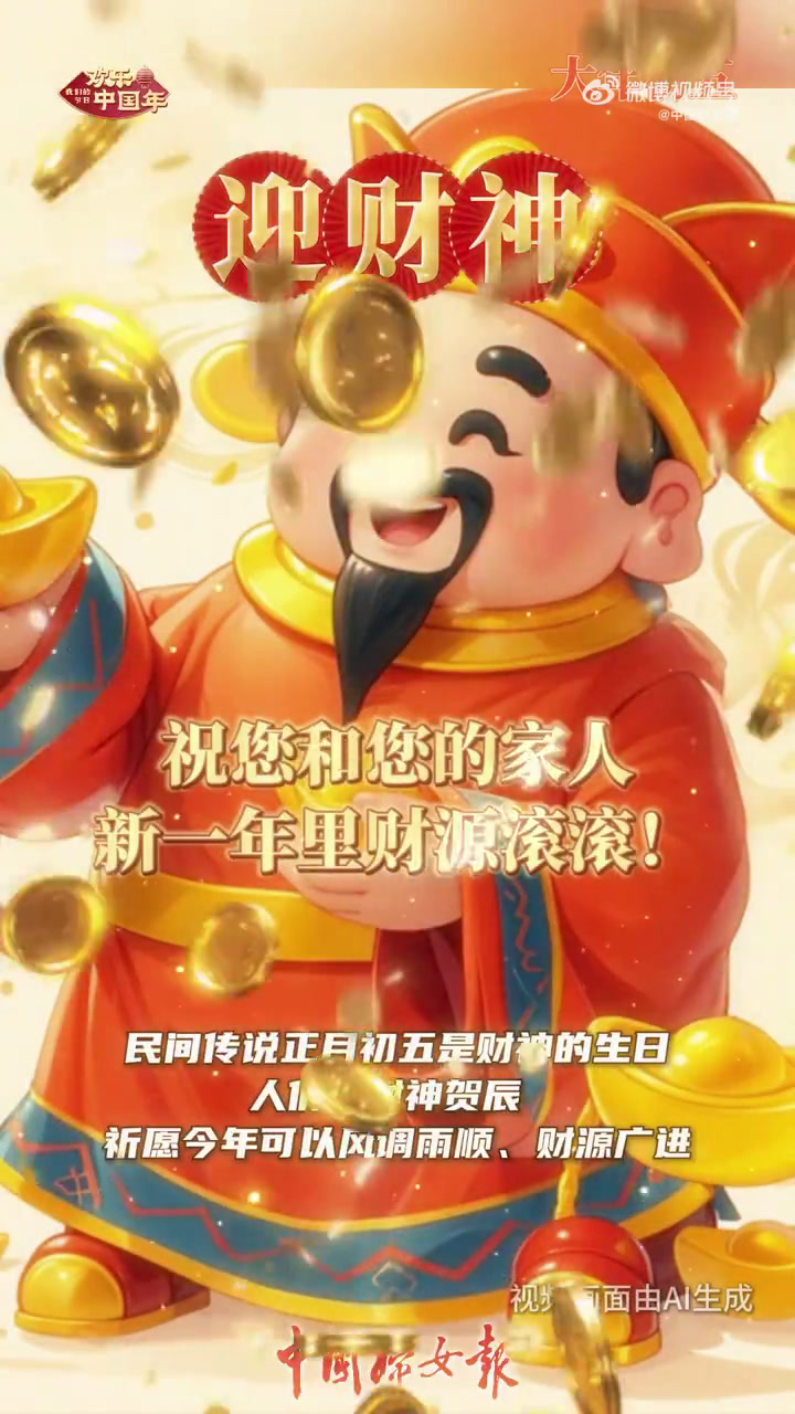 「大年初五,迎财神」大年初五俗称“破五”,是辟邪除灾、迎福纳祥的好日子。民间传说正月初五是