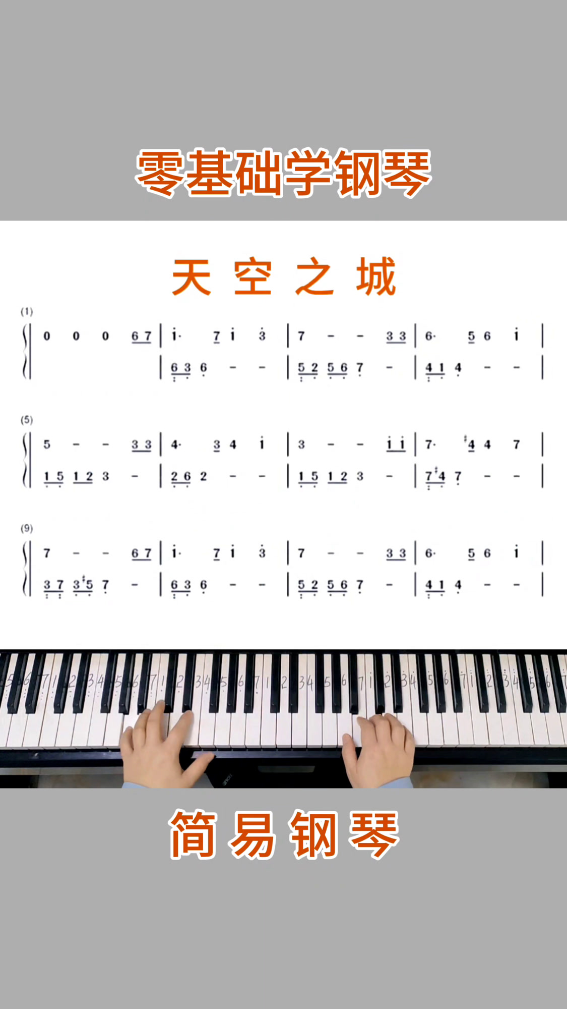 零基础学钢琴《天空之城》,简易钢琴双手弹奏,简谱教学。