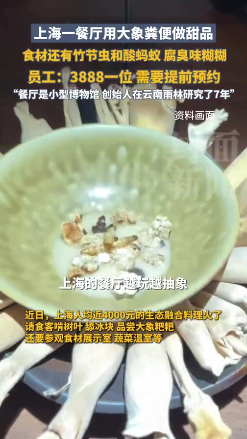 上海一餐厅用大象粪便做甜品，食材还有竹节虫和酸蚂蚁 腐臭味糊糊，员工：3888一位 需要提