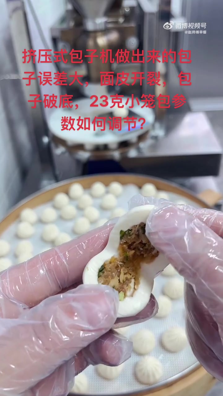小型包子机面皮不开裂,不漏底成型参数解决方案:我们用5号模具,配3号出馅口,成型调到28,