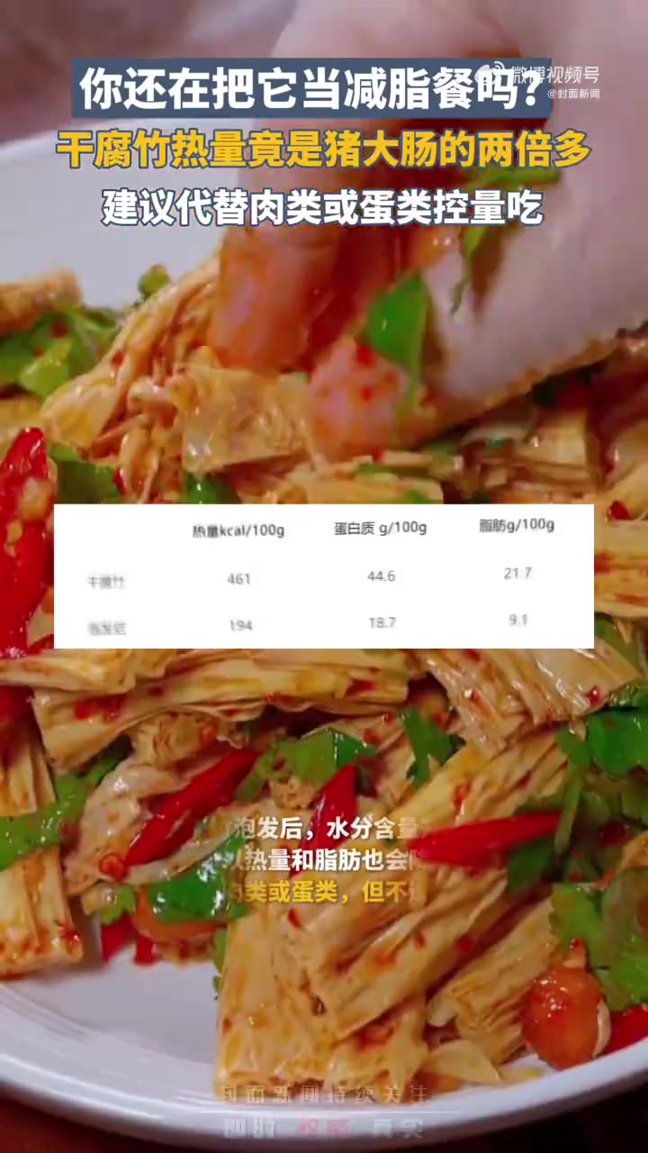 「没想到腐竹热量这么高!泡发前竟超猪大肠两倍多」腐竹作为豆制品,是很多火锅、麻辣烫爱好者受