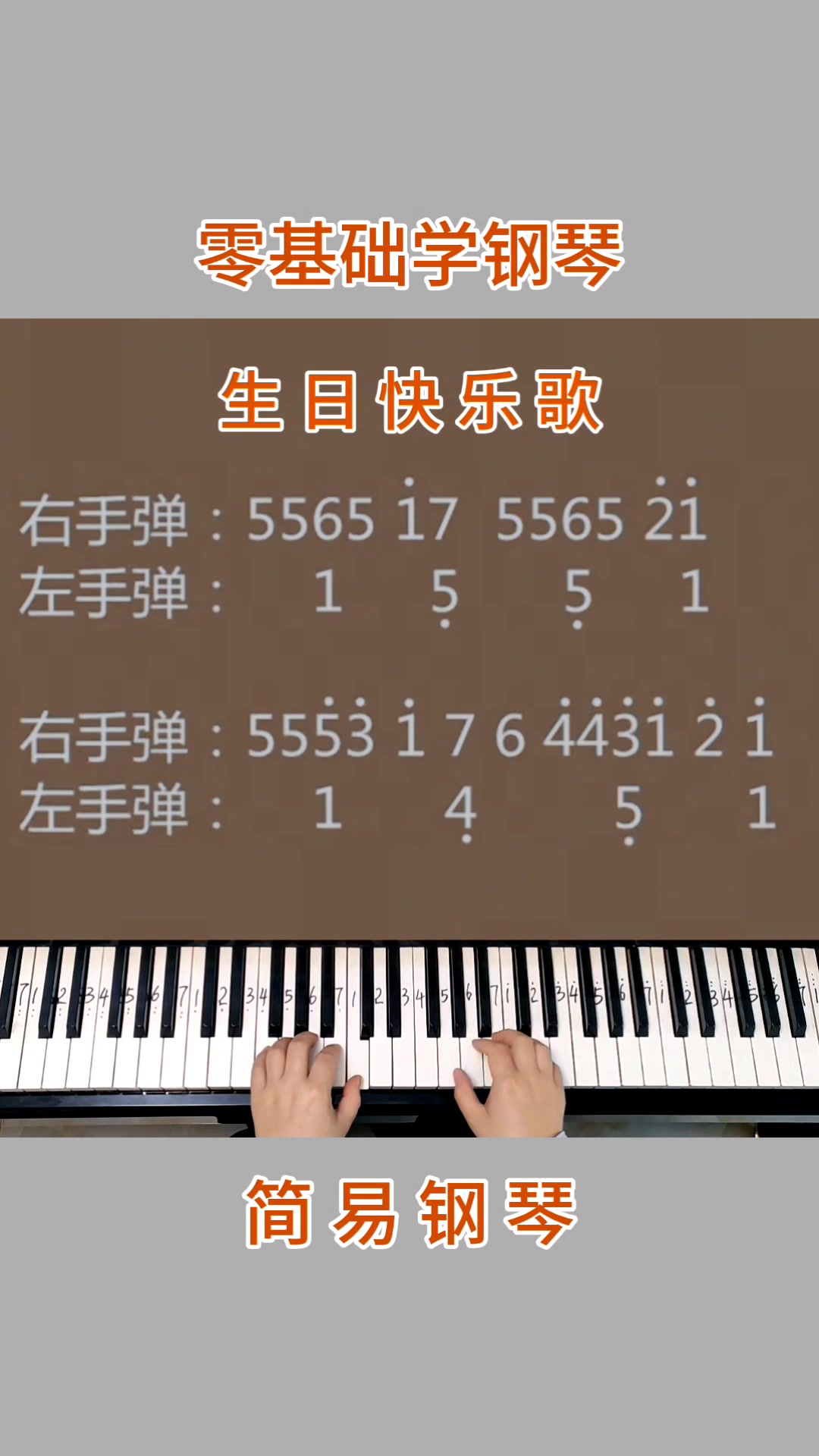 零基础学钢琴《生日快乐歌》。简易钢琴双手弹奏,简谱教学。