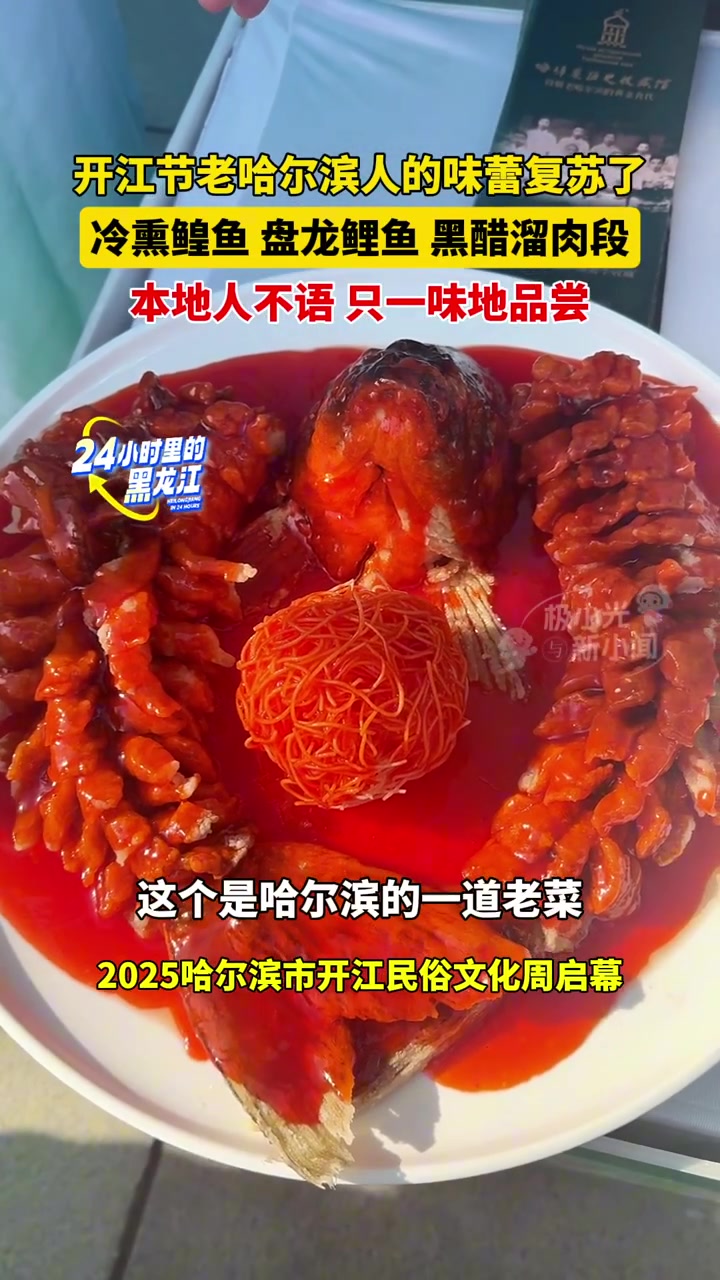 4月16日哈尔滨大剧院江畔广场,开江节老哈尔滨人的味蕾复苏了,冷熏鳇鱼、盘龙鲤鱼、黑醋溜肉