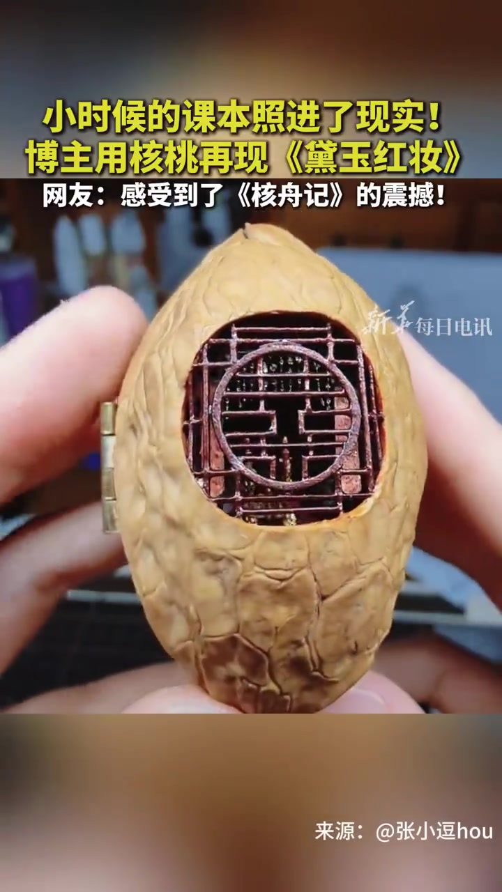 「厉害!这难道就是现实版的核舟记?」小时候的课本照进了现实!一位博主用核桃创作了《黛玉红妆