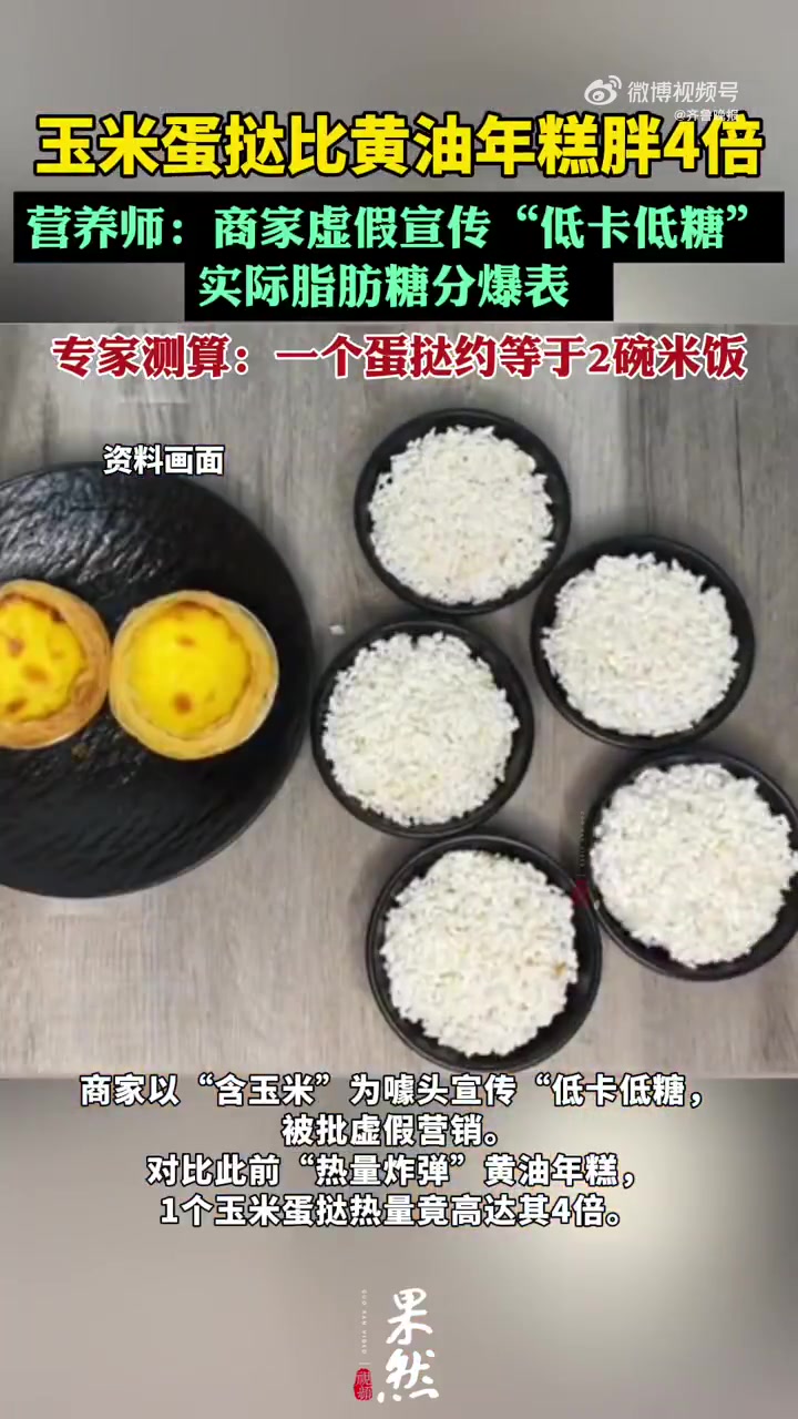 近期,网红甜品“玉米蛋挞“爆火,但营养师测算发现,其热量惊人。一个掌心大小的蛋挞≈300k
