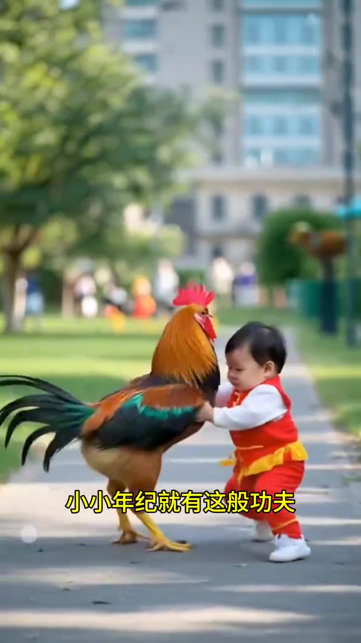 萌娃与公鸡荒诞打斗:小小拳脚的精彩较量!