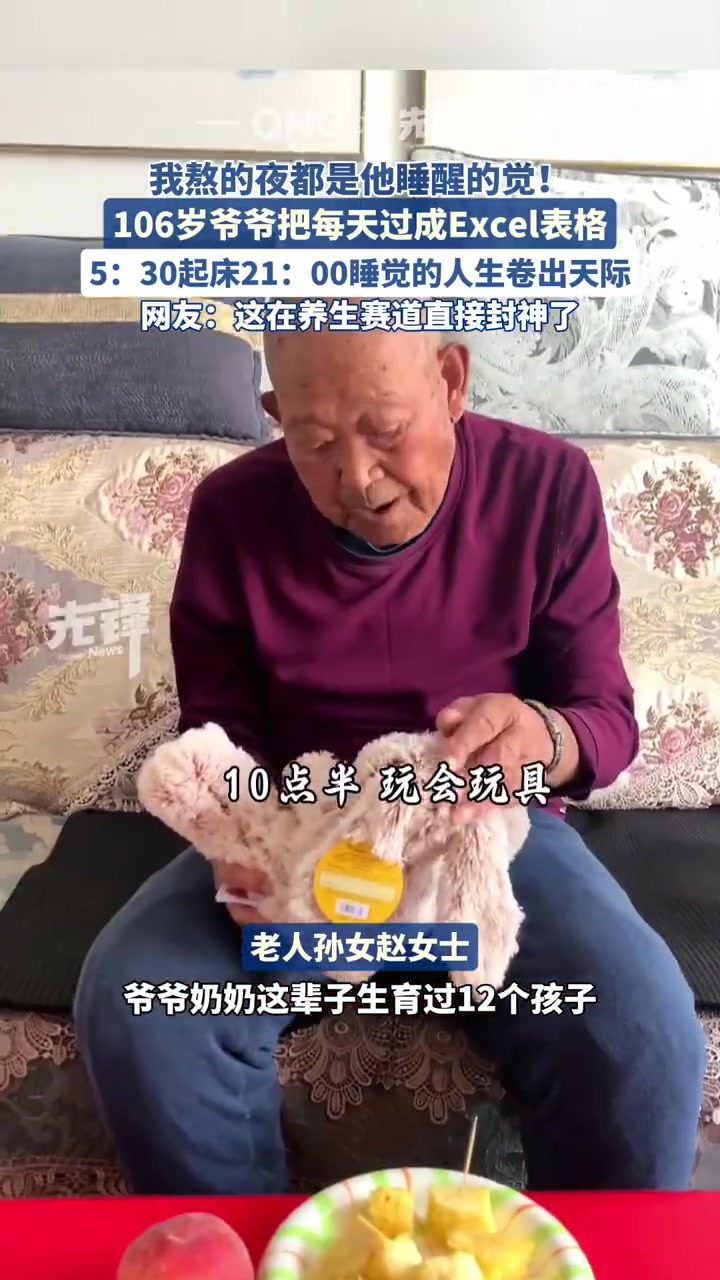 近日,黑龙江齐齐哈尔。106岁的爷爷早5点半起床,7点吃早饭、9点开始干家务、12点吃午饭