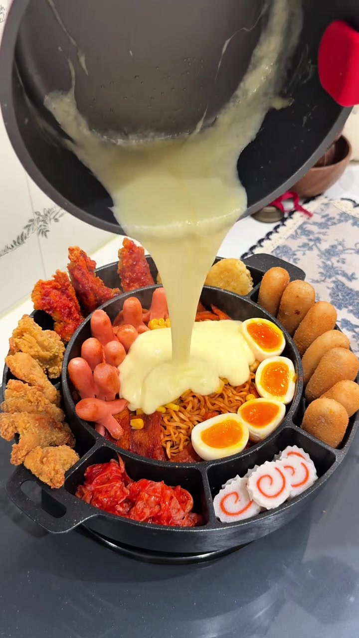 凌晨两点,给老婆做韩式鱼饼火鸡面芝士拼盘……