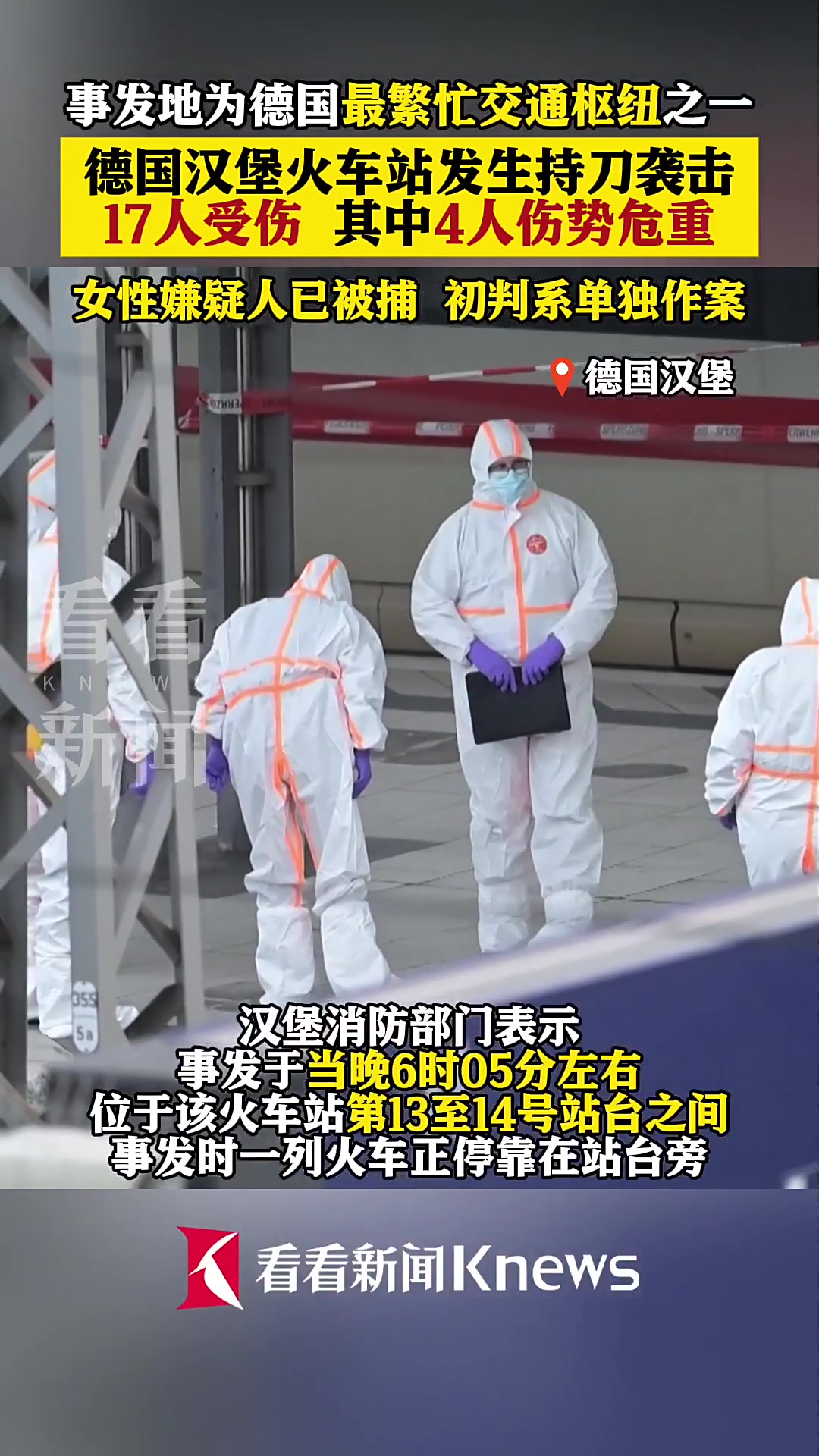 4人伤势危重 德国汉堡火车站持刀袭击已致17伤