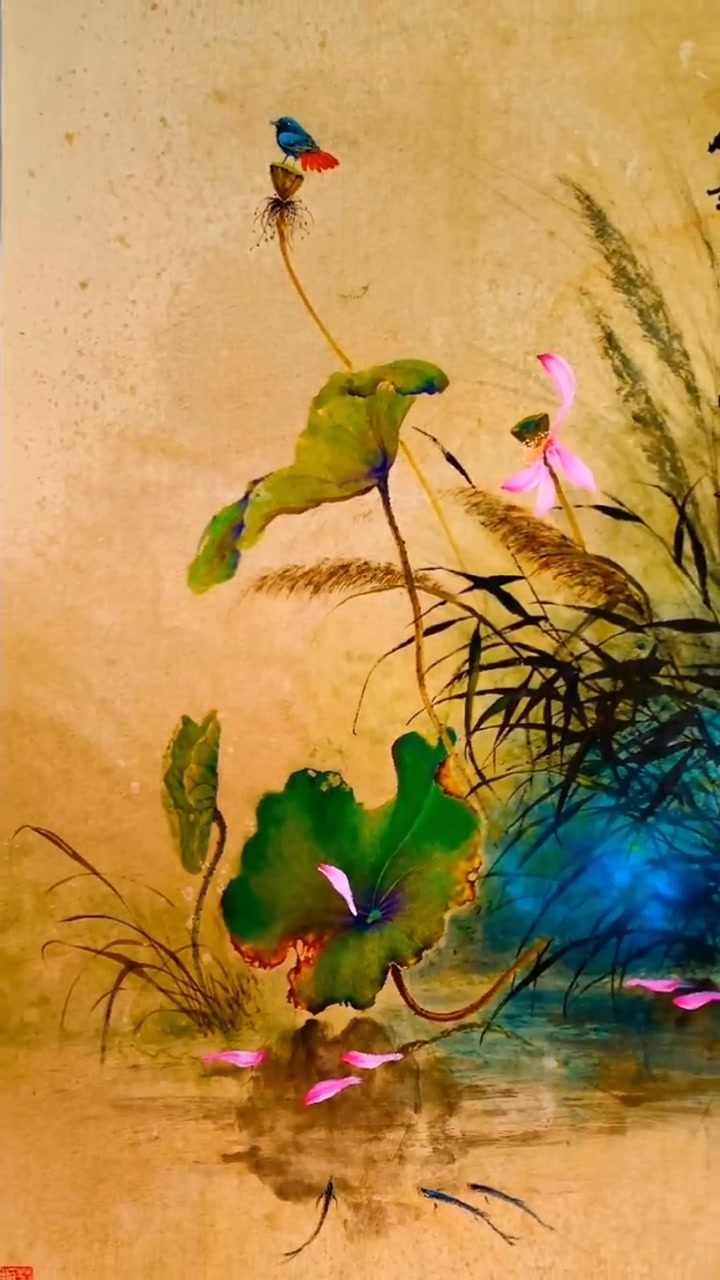 杨彦艺术馆,彩墨荷花绘画作品创作完成