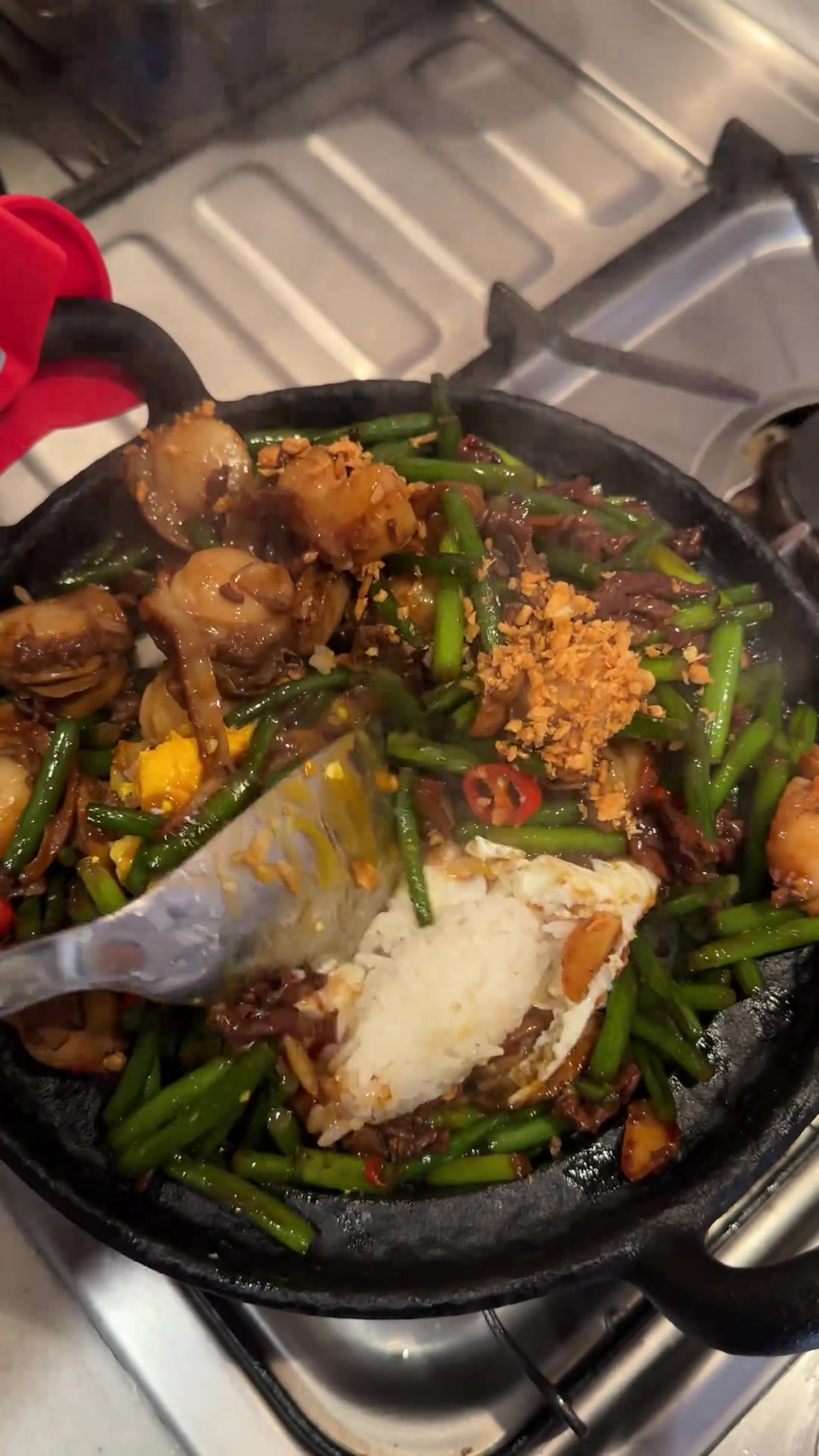 鲜花菇炖牛肉超好吃，炒蒜苔加扇贝煎蛋盖饭超满足！