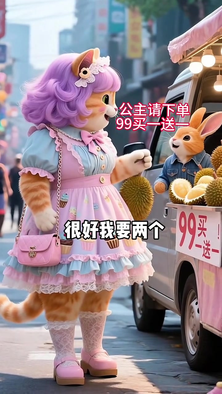 大胖橘猫穿洛丽塔公主裙,去买榴莲,偶遇肌肉狮子哥,结果迎来惊喜……