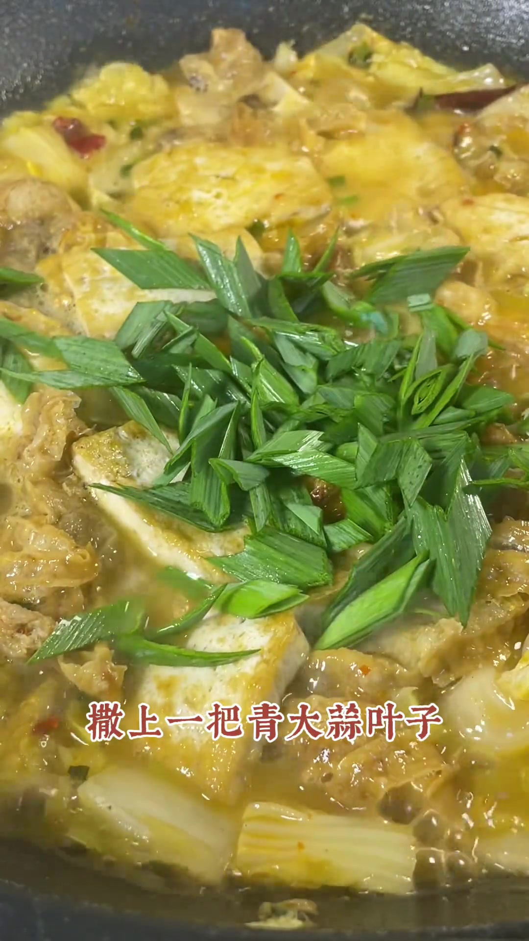 白菜炖豆腐，放上土味花油渣，又是一道下饭菜