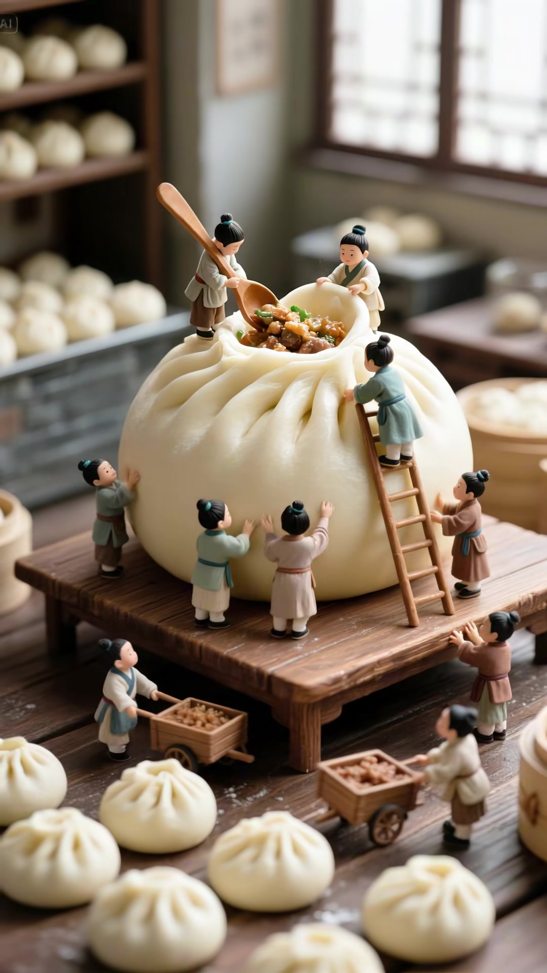 小人国的小可爱们,享受美味的生煎包,微缩场景中的生活烟火气