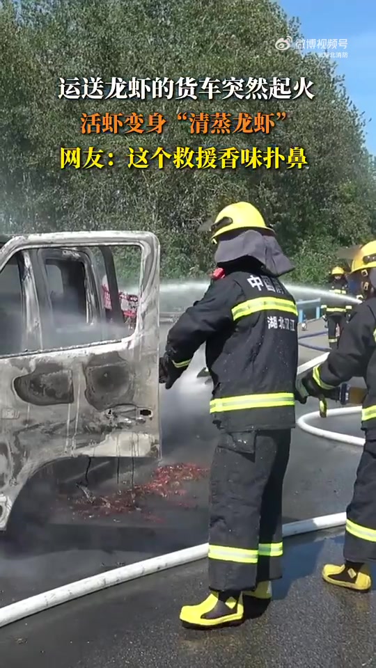 「车辆高速起火潜江小龙虾变清蒸虾」近日,湖北潜江,高速上一辆装载着小龙虾的小货车在行驶途中
