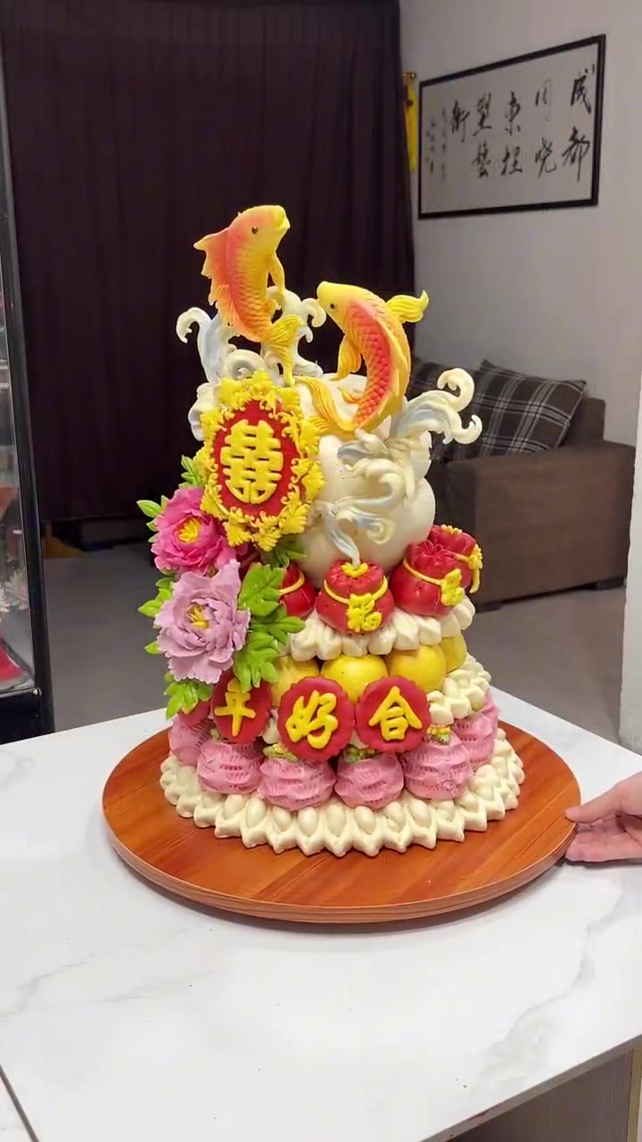 今天做了一套订婚花馍蛋糕，立体生动