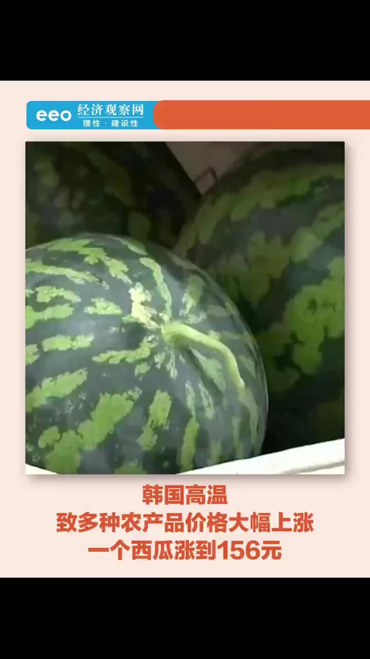 「韩国高温致多种农产品价格大幅上涨,一个西瓜涨到156元」近期,韩国持续遭遇热浪。据韩媒1