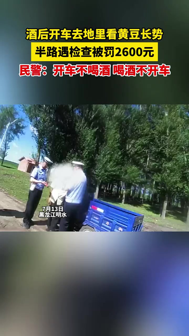 7月13日黑龙江明水,酒后开车去地里看黄豆长势,半路遇检查被罚2600元,民警:开车不喝酒